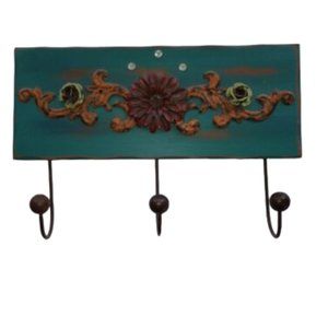 Rustic wall decor coat rack hanging metal hooks, wooden tourqoise